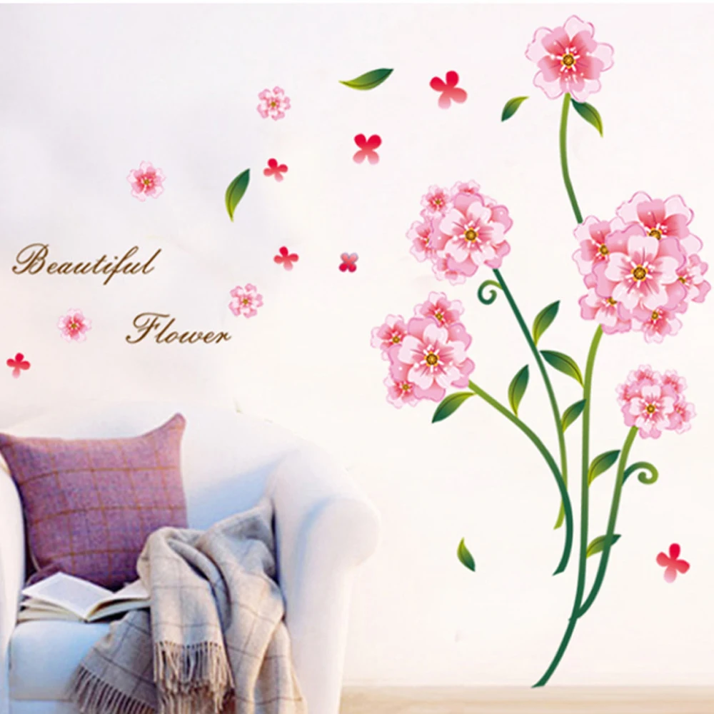 Pink Flowers Wall Decals Baby Nursery Kids Bedroom Stickers Art Decoration