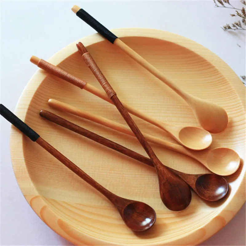 Long Handle Wooden Mixing Food Spoon Dinnerware Tie Wire Round Ladle Soup Milk Stirring Scoop | Дом и сад