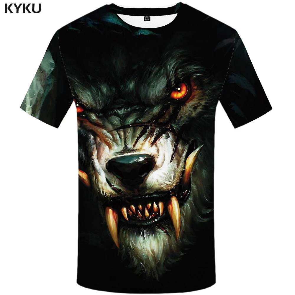 KYKU Wolf T Shirt Men Fangs Black Tshirt Eye 3d Print T shirt Funny T ...