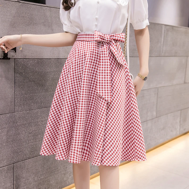 New Korean Chic Plaid Lace-Up High Waist Umbrella Skirt Women Summer Casual A-line Knee-length Skirts Womens Midi Skirt - Цвет: Red plaid