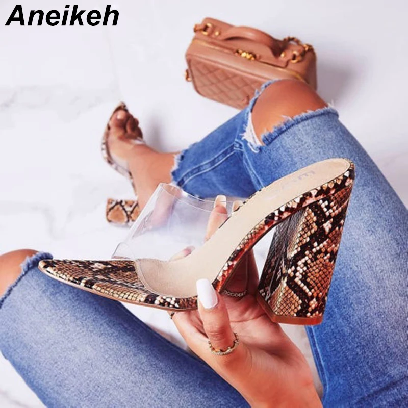 

Aneikeh 2019 New Fashion PVC Serpentine Sandals Open Toed Sexy Square heel Women Pointed end Sandals Slippers Pumps Size 41 42