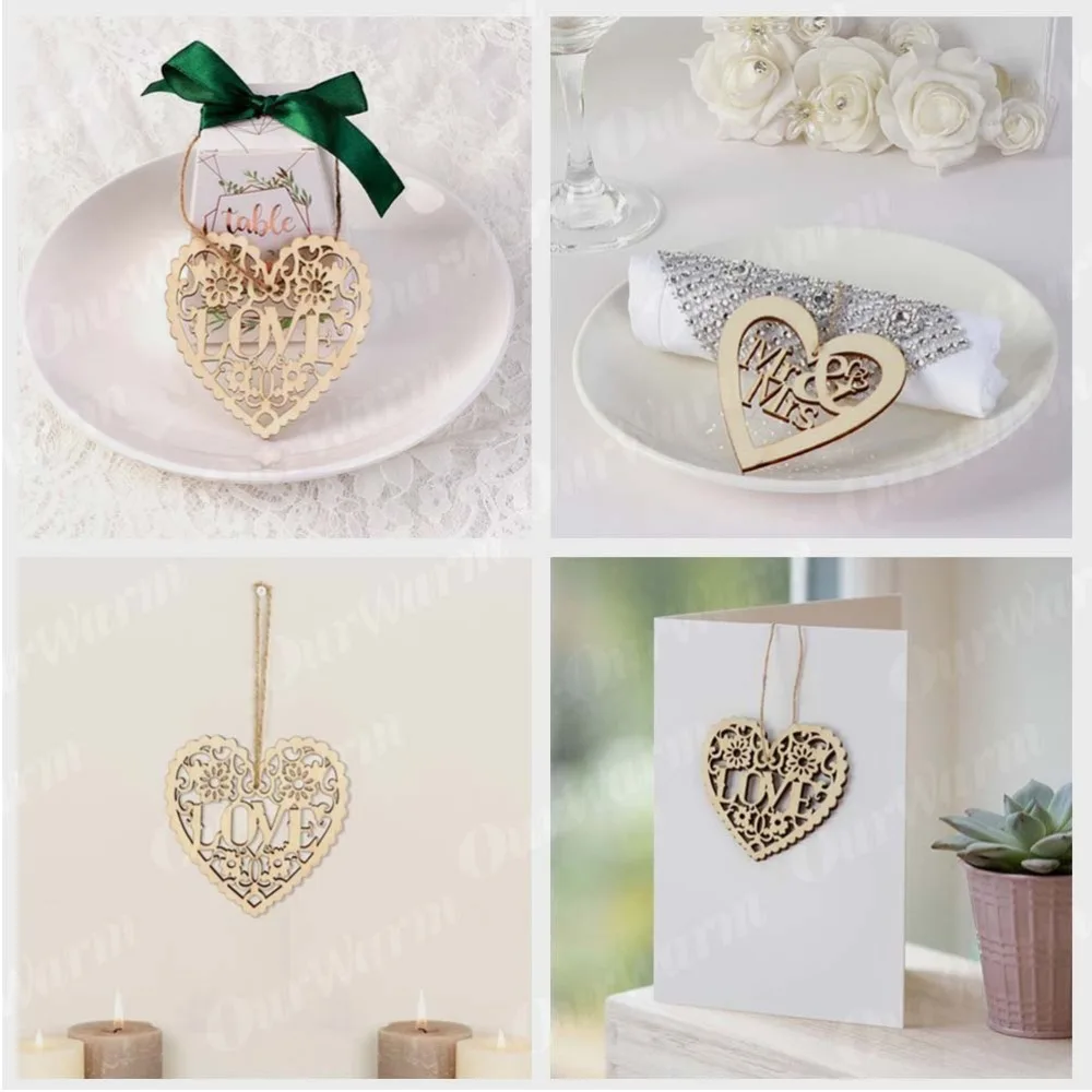 OurWarm 10Pcs Wood Weddings Embellishment Laser Cut Love Heart Hanging Ornament Mr Mrs Rustic Wedding Decoration