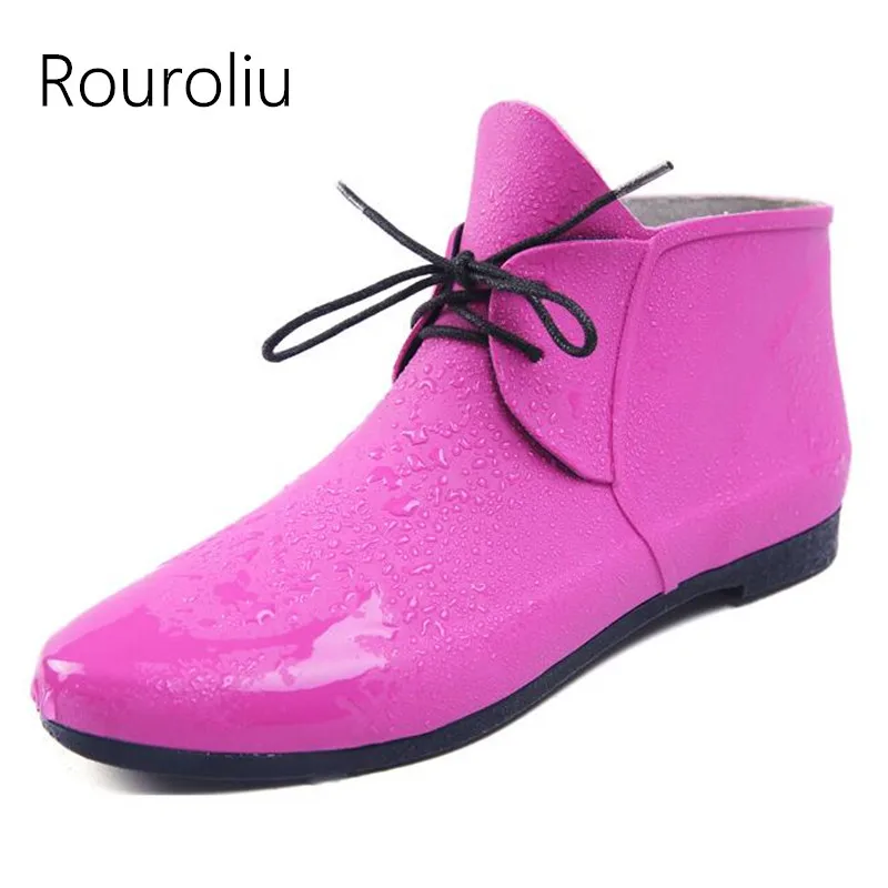 

Rouroliu Women Soft Comfortable Ankle Rainboots Waterproof Water Shoes Wellies New Fashion Rubber Rain Boots Woman RB17