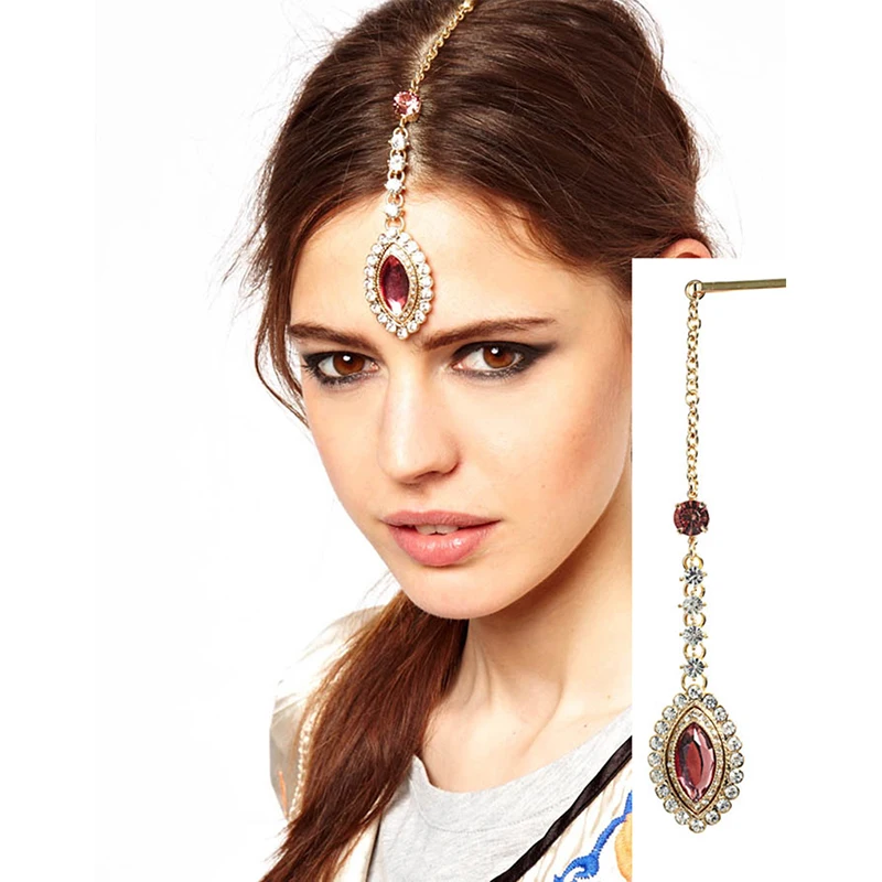 Omeng Crystal Rhinestone Pendant High Forehead Women Indian Hair Bands