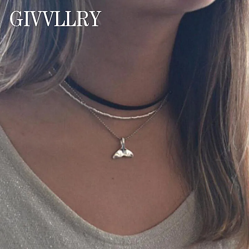 

GIVVLLRY Mermaid Tail Pendant Necklace Fashion Beach Silver Color 2 Layers Chain Punk Black Velvet Chokers Necklaces for Women