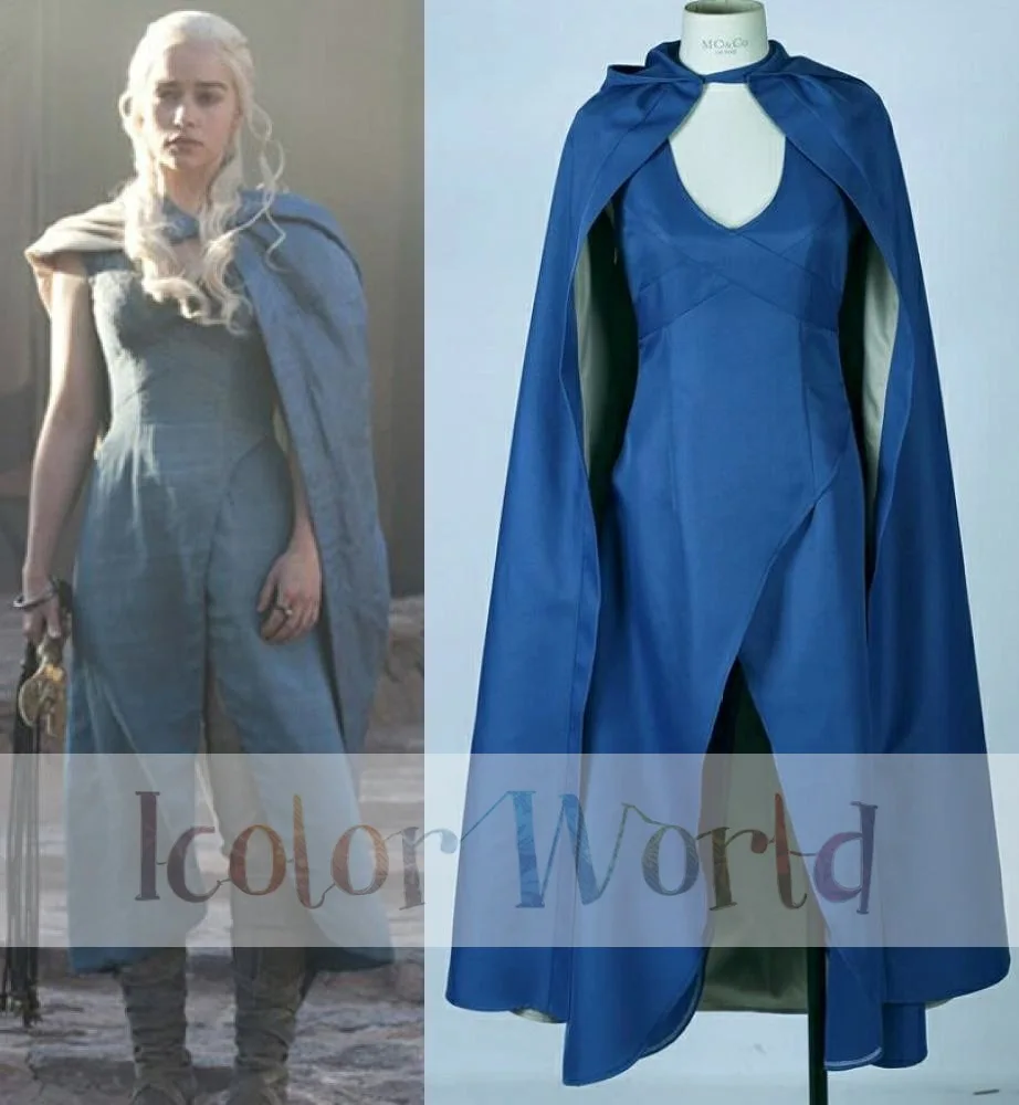 

Hot Sale Game of Thrones Daenerys Targaryen Khaleesi Blue Dress Cosplay Costume With Cape Halloween Costumes