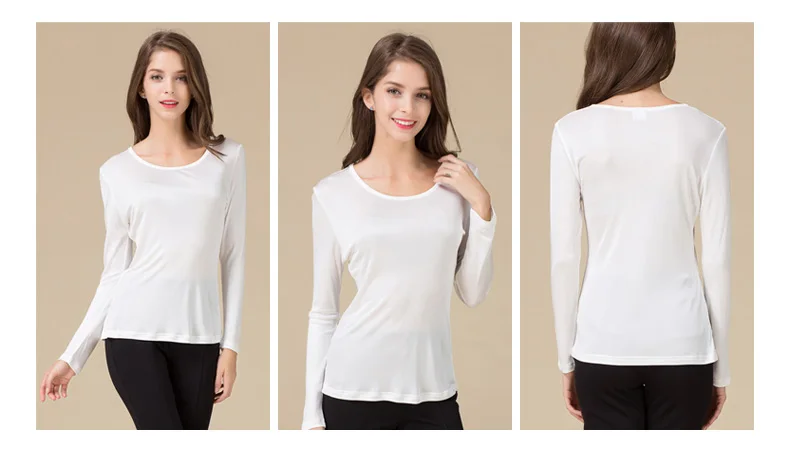 Женская футболка из натурального шелка, Базовая рубашка с длинным рукавом и круглым вырезом, осенняя Новинка, белая черная приталенная рубашка