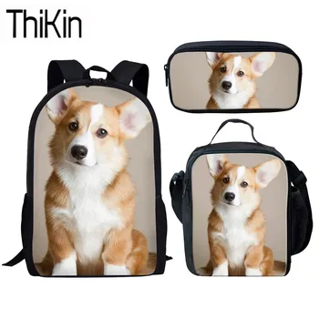 

THIKIN Girls 3D Animal Corgi Printing School Bags for Kids 3pcs/set School Bookbag Children Preppy School Backpack Boys Satchel