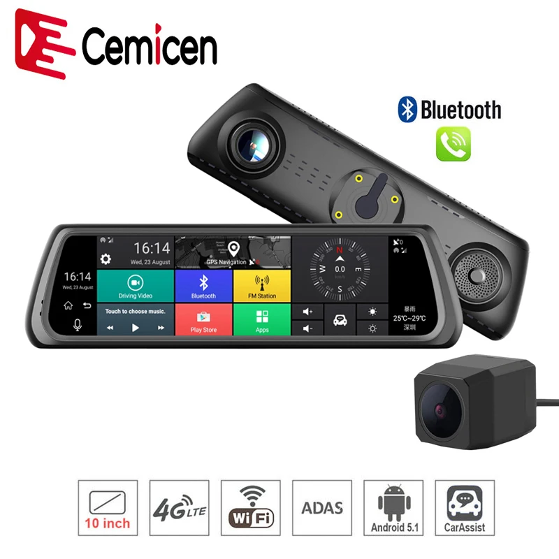 Cemicen 4G Android 5.1 Car DVR 10 Inch Touch Dash Cam Car Rearview Mirror Dash Camera Dual Lens ADAS GPS Navigation Wifi Recorde