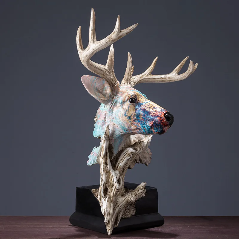 

41CM Faux Wood Deer Head Statue Painting Art Animal Decorative Figurine Resin Art&Craft Home Decoration R196