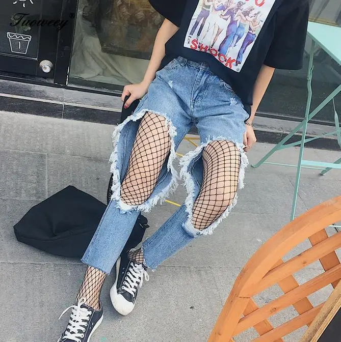 

Hole Ripped Jeans sexy Women Boyfriend Denim Vintage High Elastic Waist Casual Pants Female loose Pencil Pant Plus Size trousers