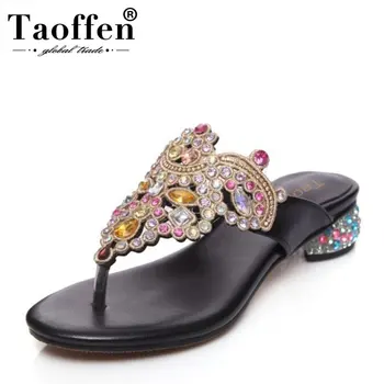 

TAOFFEN National Style Women Genuine Leather Flats Sandals Beading Flats Flip Flops Summer Shoes Woman Slippers Size 34-39