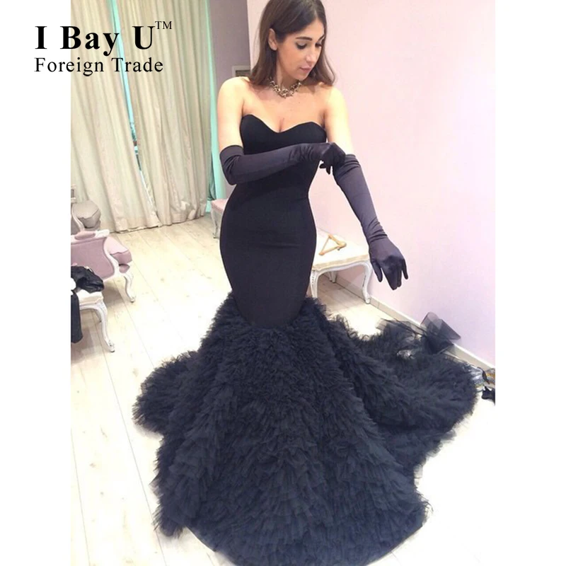 

Real Photos Black Ruffle Train Sweetheart Prom Dresses Black Mermaid Prom Gowns With Ruffles Arabic Tulle Long Graduation Dress