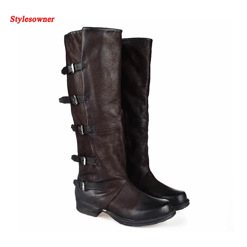 

Stylesowner Vintage Leather Knee High Boots Women Top Quality Square Toe Flat Belt Buckle Fashion Boots Autumn Winter New Bota