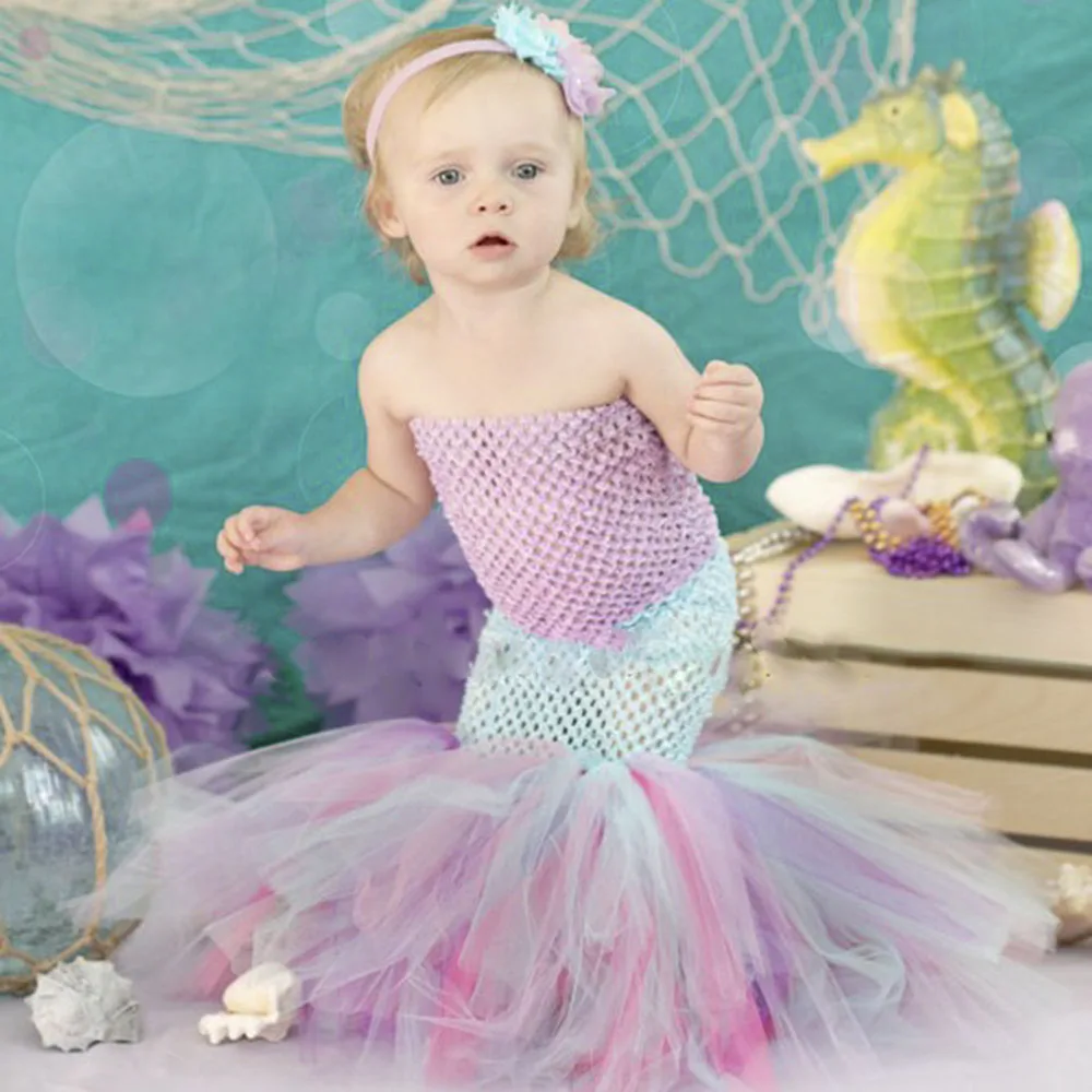 Sea Princess Ariel Dress Patchwork Polyester Top Tulle Tutu Fishtail Toddler Girl Dress Kids Baby Ariel Little Mermaid Clothes (4)