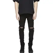 Kanye West джинсы с большими дырами высокие уличные мужские Эластичные зауженные брюки tide