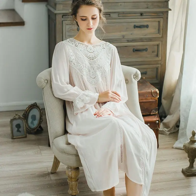 

CFYH New Autumn Winter Sleepwear Solid Ladies Dresses Princess Long Sleeve Nighties Modal Lace Indoor Clothing Sexy Nightgowns