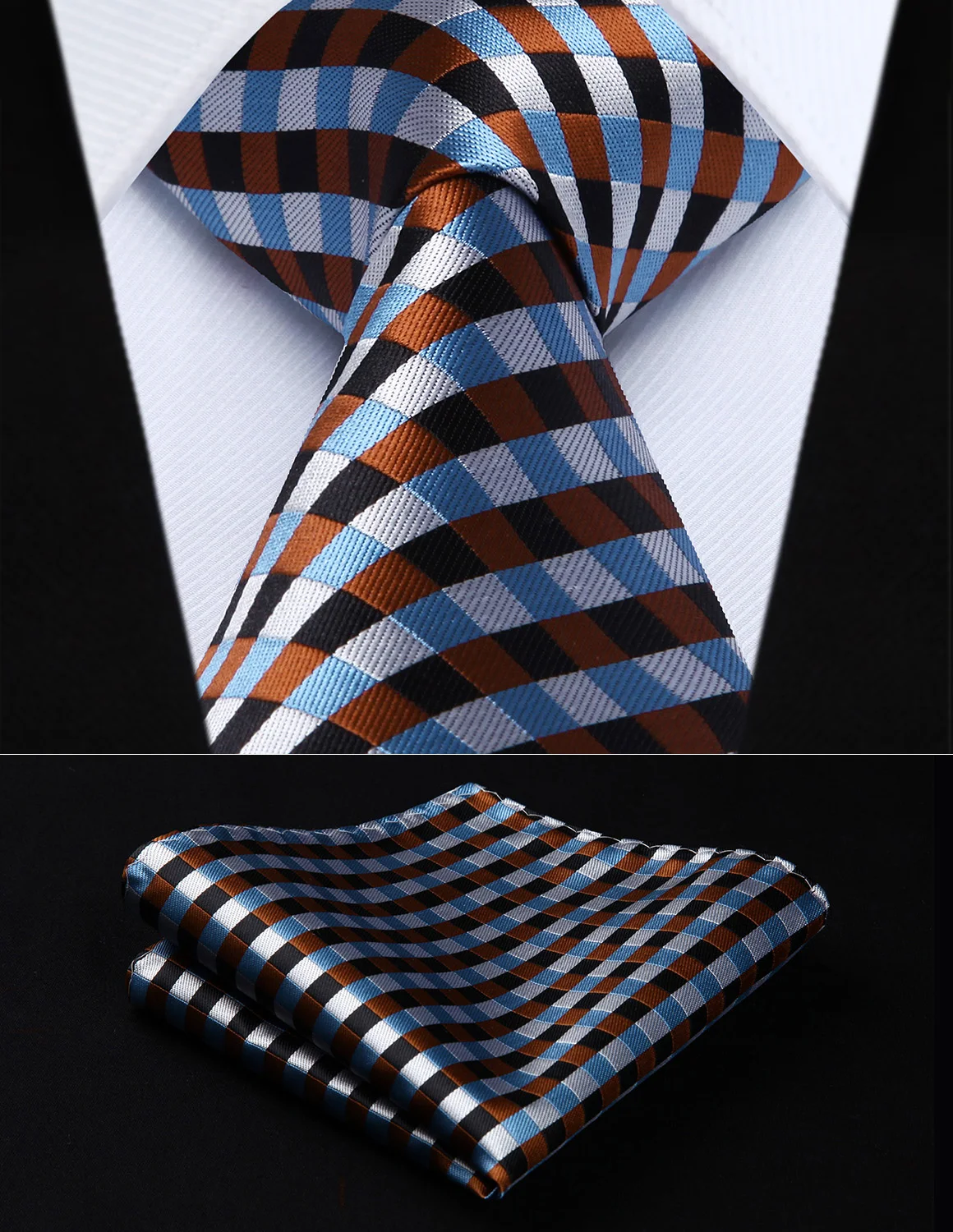

Party Wedding Classic Pocket Square Tie TC706Z8S Brown Blue White Check 3.4" Silk Woven Men Tie Necktie Handkerchief Set
