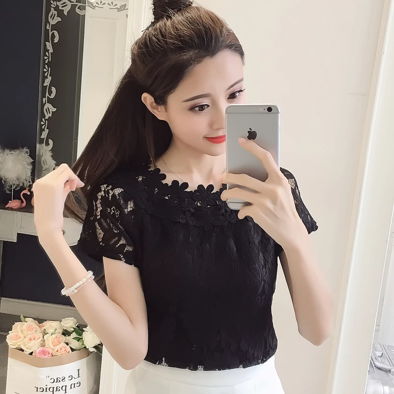 Women Summer short sleeve Blouses shirt Chiffon Women Tops 2019 New Fashion Women Blouses  hollow out White lace Blouses  123H