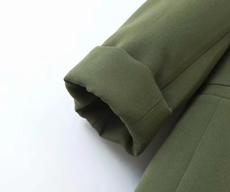 ROHOPO Army Green Double Buttons V Collar Blazer Office Ladies Slim Fit Solid Outwear Girl Fold Sleeve Flared Hem Blazer #BM2193