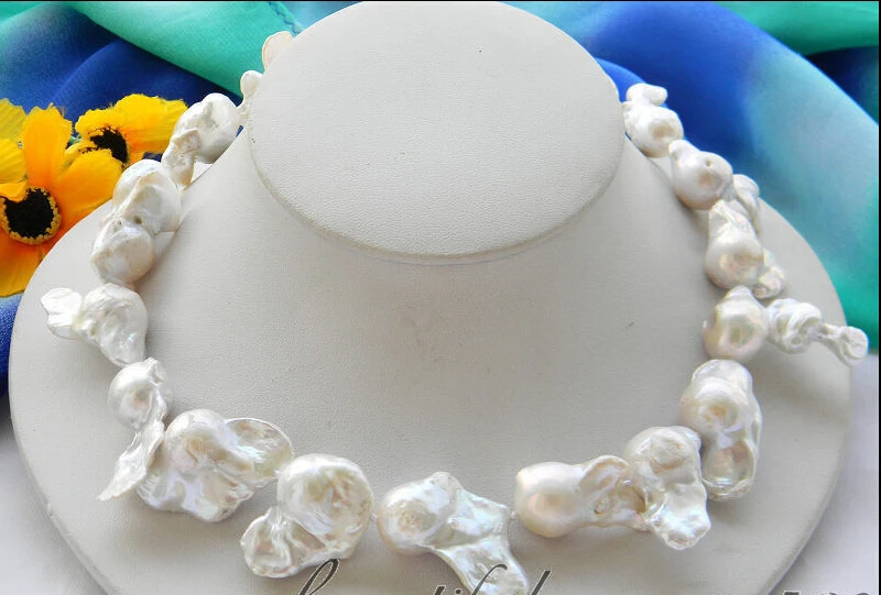 

fastz4585 HUGE 16" 35MM WHITE BAROQUE KESHI REBORN PEARL NECKLACE