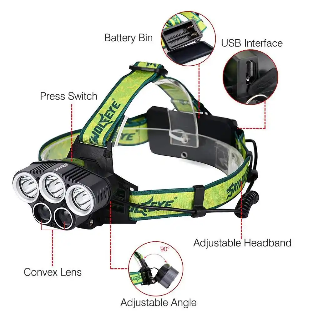 80000LM CREE T6 5x LED Headlamp Rechargeable 18650 Zoom Hunting Headlight Torch
