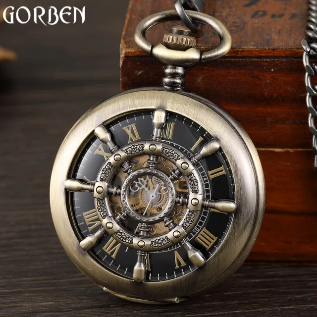 Retro Bronze Rudder Hollow Design Mechanical Hand-wind Pocket Watch Unique Doubl Retro Bronze Rudder Hollow Design Mechanical Hand-wind Pocket Watch Unique Doubl