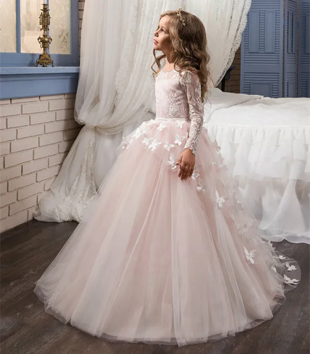 Long Sleeves First Communion Dresses Ball Gown Lace Back Button Solid O-neck Flower Girl Dresses Vestido De Daminha цена Long Sleeves First Communion Dresses Ball Gown Lace Back Button Solid O-neck Flower Girl Dresses Vestido De Daminha цены онлайн