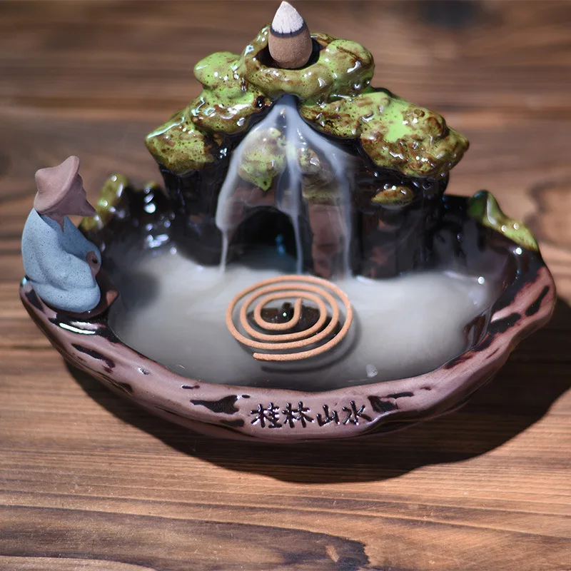 

Clean Air 19*11*12cm Ceramic Mountain Waterfall Backflow Incense Burner Censer + 50x Cone Incenses