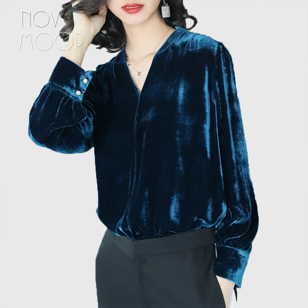 France-style-elegant-navy-silk-velvet-tops-and-blouses-women-long ...