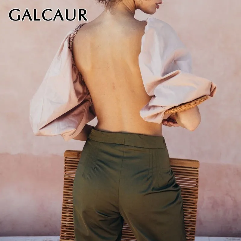 

GALCAUR Backless Crop Top Shirt For Women Slash Neck Lantern Sleeve Off Shoulder Blouse Top Female Fashion New 2019 Summer