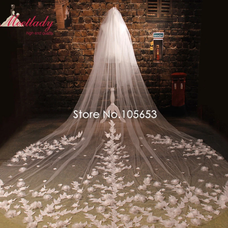 Cathedral Length Wedding Veils 1T Comb Bridal Veil Accessories Vintage Flowers