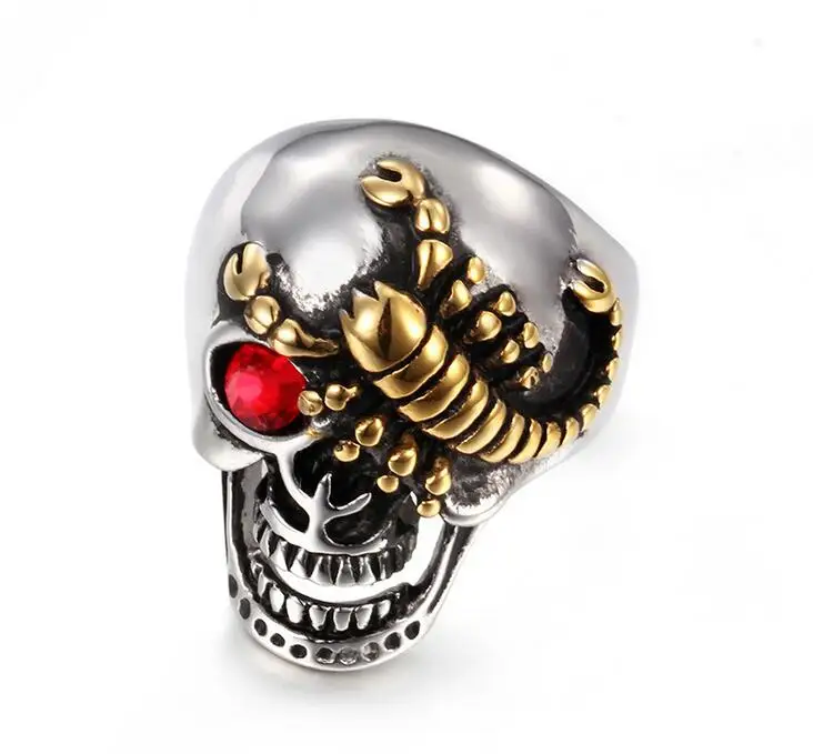 Punk Cool Men's Red CZ Crystal eyes Gold Scorpion Rings Silver Color 316L  Stainless Steel Biker Skull Ring Size 8,9,10,11,12,13
