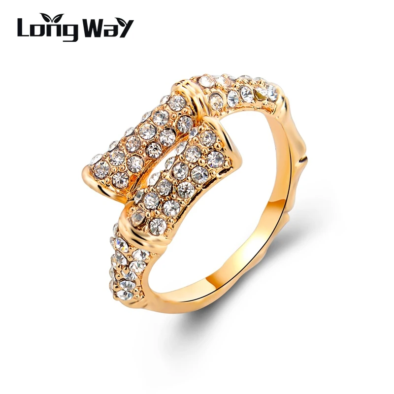 

LongWay Gold Color Bamboo Full Clear Austrian Crystal Rhinestone Rings For Women Plant Party Jewelry Finger Rings SRI150008