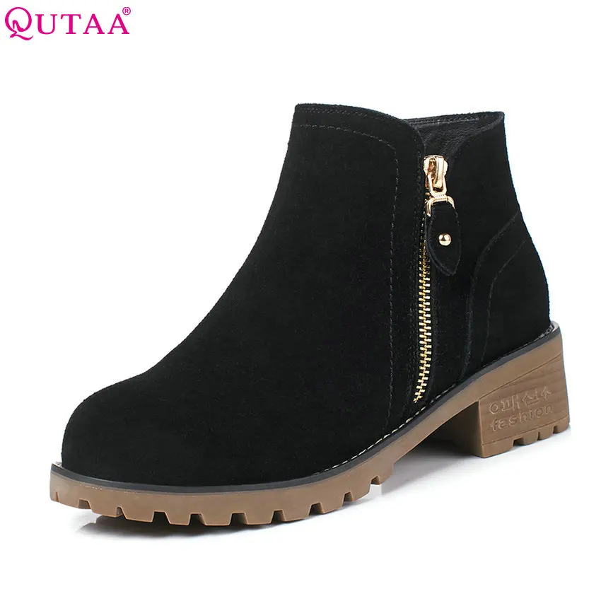 

QUTAA 2019 Black Women Ankle Boots Fashion Square Heel Women Shoes Round Toe Cow Suede All Match Women Boots Size 34-40