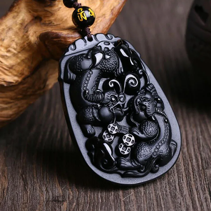 Ювелирные украшения натуральный черный Obsidiant кулон резной китайский двойной Pixiu Lucky кулон благословения для женщин мужчин ювелирные изделия