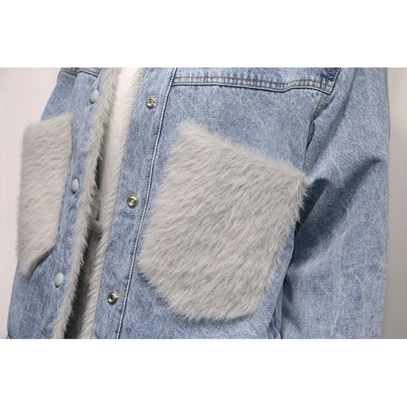discount 2019 New Winter Fur Pockets natural Real Fox Fur Thick warm short Denim Jacket Women short Coat cha