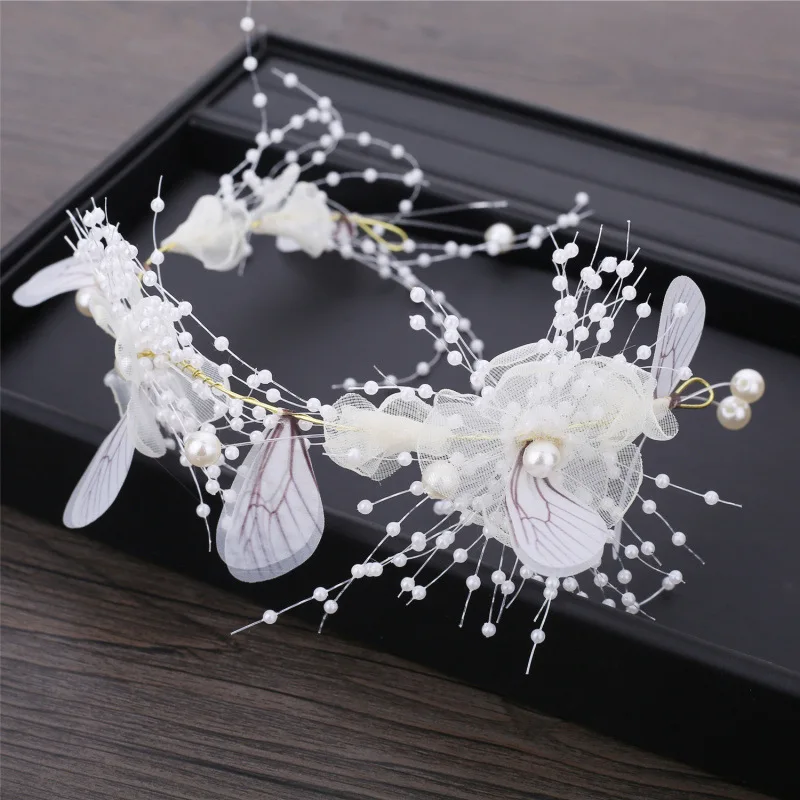 Розовые белые свадебные украшения для волос ручной работы цветок бабочка свадебный головной убор жемчуг свадебные волосы повязка на голову и серьги шиньон