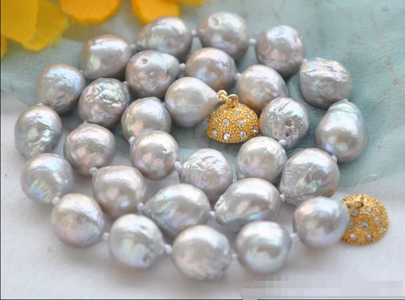 

z5849 Lustre 17" 13mm GRAY almost round BAROQUE Edison PEARL NECKLACE NEW