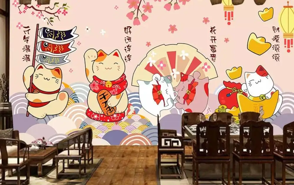 Японская ручная роспись обои Япония Lucky Cat Ukiyo-E Ресторан Суши Ресторан оснастка стены на заказ 3D росписи - Цвет: 8