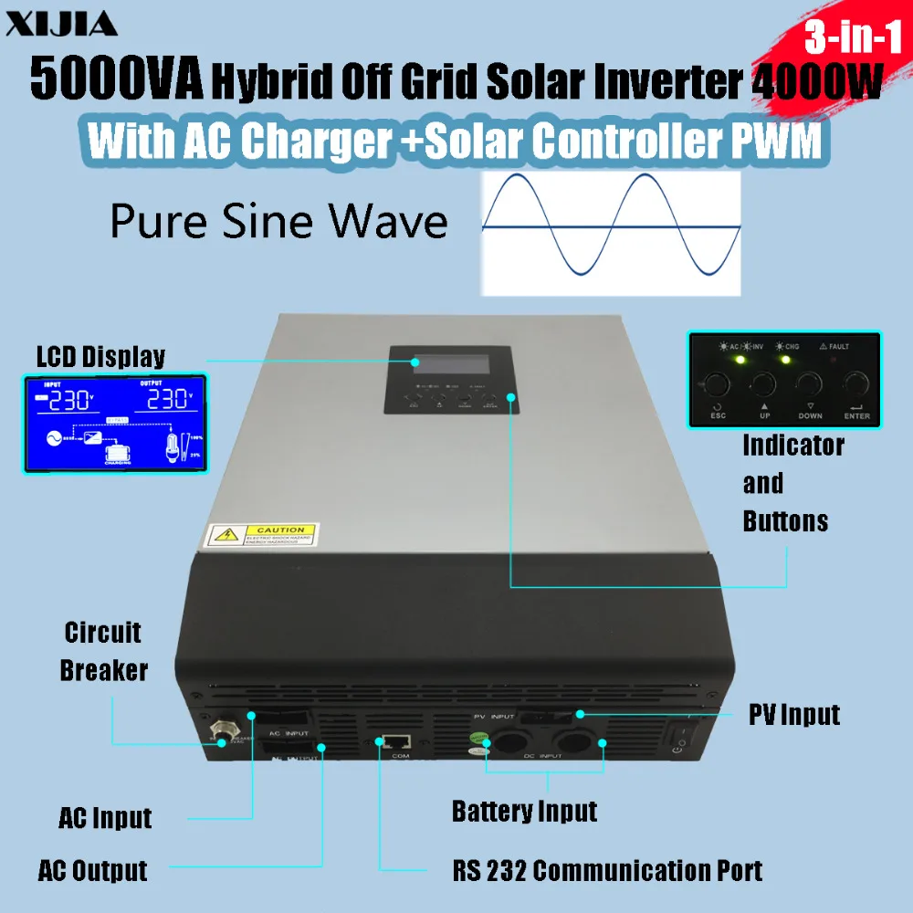 

5KVA/4000W Hybrid Inverter Pure Sine wave with AC Charger 30A+Solar Charger Controller PWM PV input 50A DC 48V to AC 220V