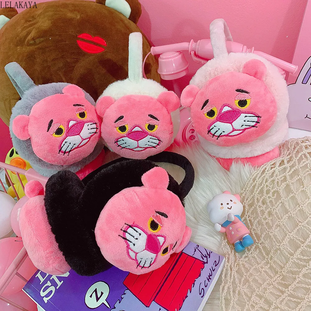 

Cartoon Plush Creative Winter Keep Warm Fashion Lovely Animals Soft Stuffed Earmuffs Pink Panther Portable Plush Animals Toy New
