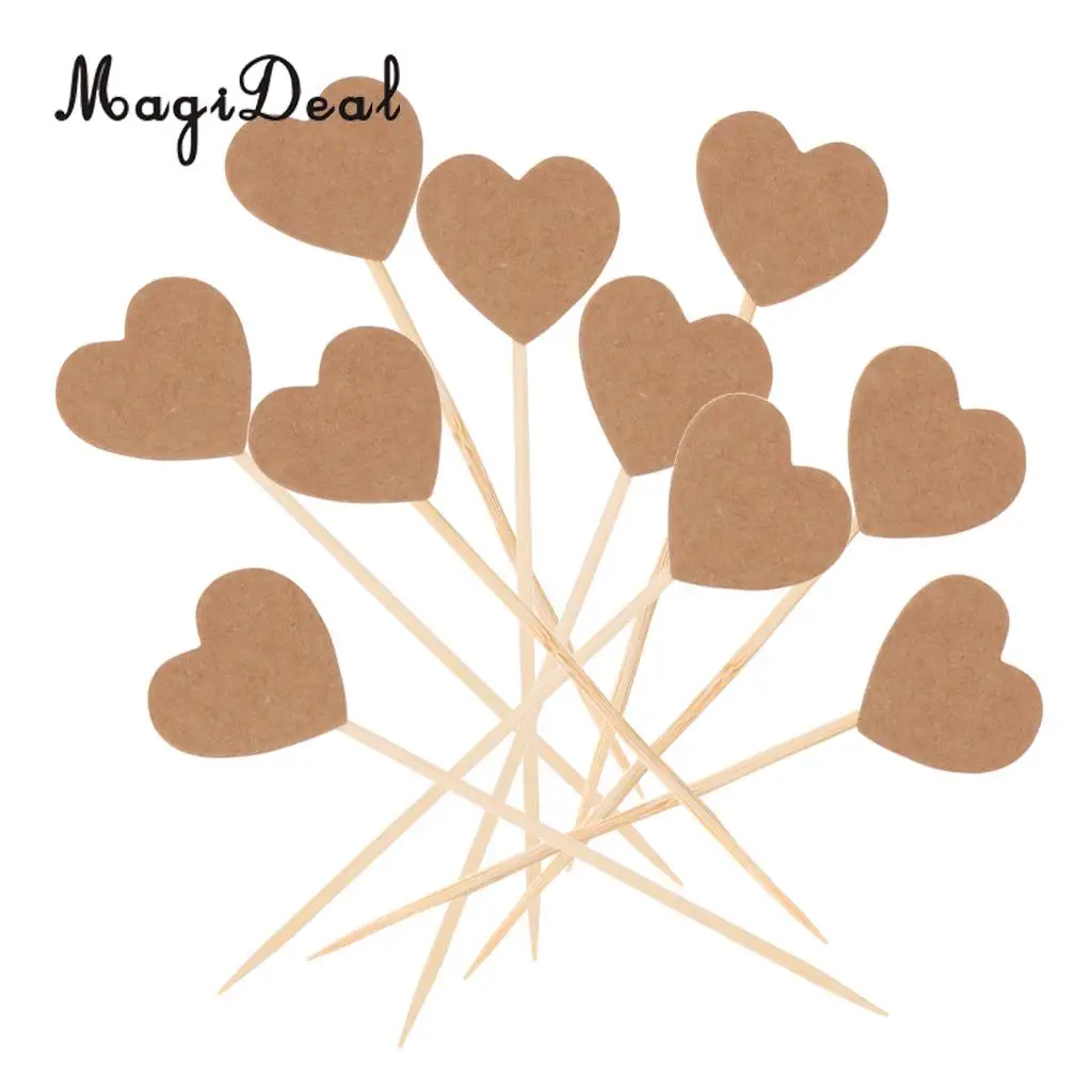 MagiDeal Craft Paper Rustic Heart Cupcake Cake Topper Flags Pick Wedding Party Decor 