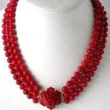 Очень хорошо Потрясающий Кварцевые 3 Ряда Красный Коралловые Бусы Цветок Подвеска Застежка Ожерелья(1"-19") природные серебряный