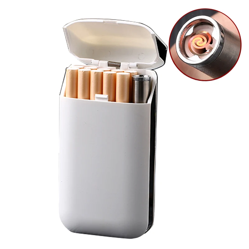 Металлический чехол для сигарет, электронная USB Зажигалка, 20 шт., водонепроницаемый держатель для хранения сигарет, плазменная дуговая зажигалка, мужские подарки - Цвет: White