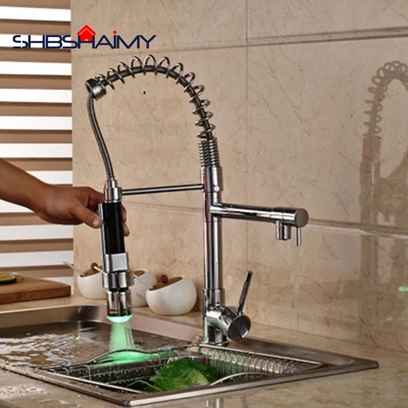 

Chrome Polished Kitchen Sink Faucet with LED Pull Out Down Sprayer Mixer Taps Bar Sink Faucet