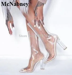 

2019 Summer New PVC Transparent Pointed Toe Round Heels Thick High Heel High Heel European And American Zip Cool Women Boots