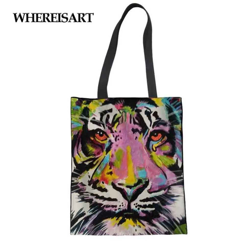 

WHEREISART Eco-friendly Canvas Shopping Bag Casual Reusable Folded Shoulder Bag Ladies Women Tiger lion Print Linen Laige Tote