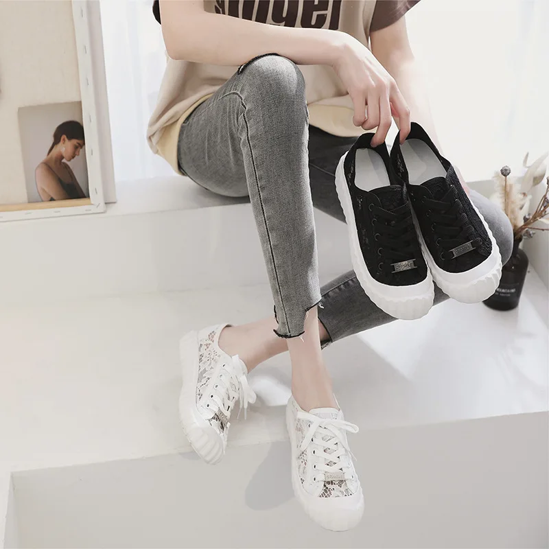 

2019 autumn new fashion simple solid color flat shoes women trend comfortable mesh breathable lace casual shoes