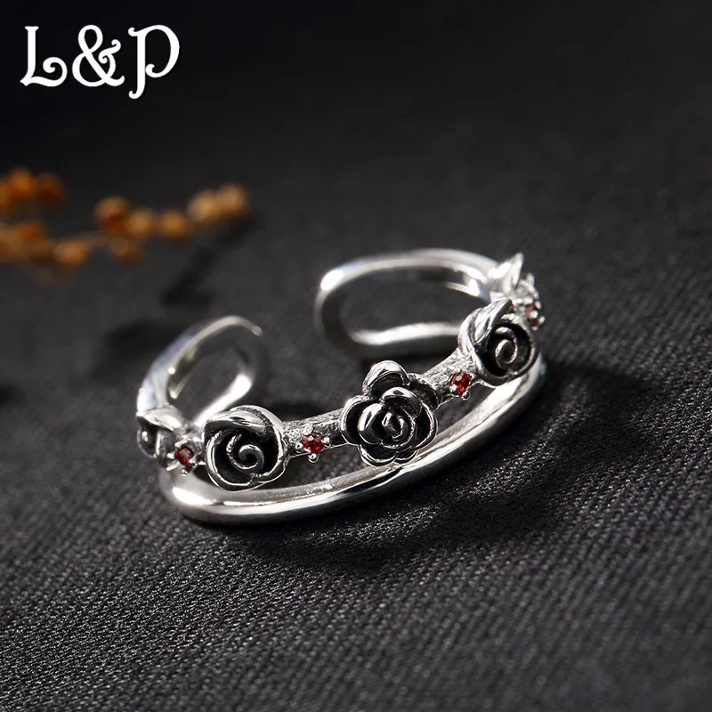 

L&P Thai Silver Pure 925 Sterling Silver Ring For Women,Vintage Natural Rose Adjustable Rings Jewel For Wholesale Birthday Gift
